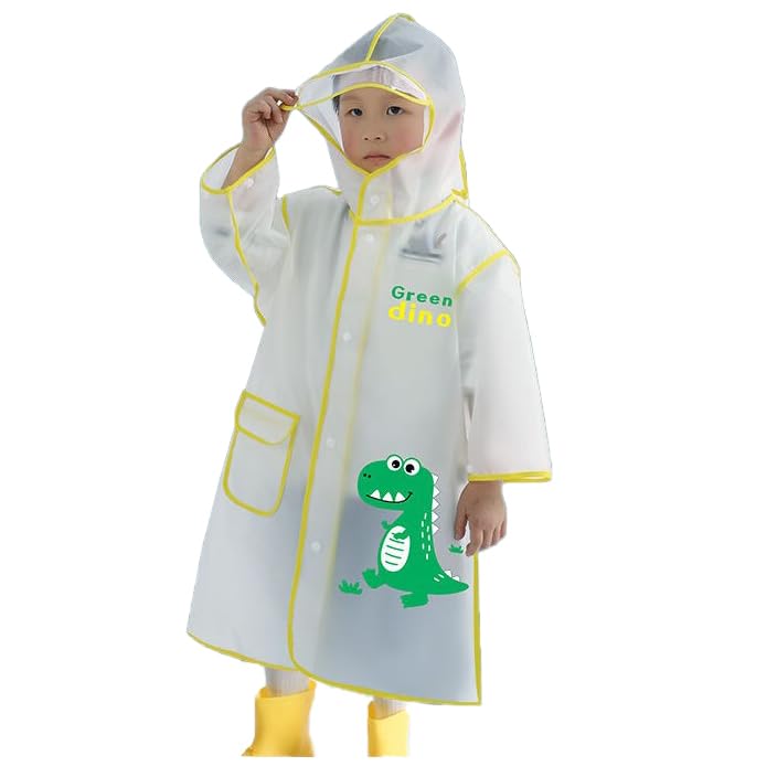 Bold N Elegant Polyester Blend Standard Length Transparent Dinosaur Print Kid's Waterproof Raincoat Rain Jacket Suit With Hood And Visor For Young Lil Toddler Tween School Boy's And Girls