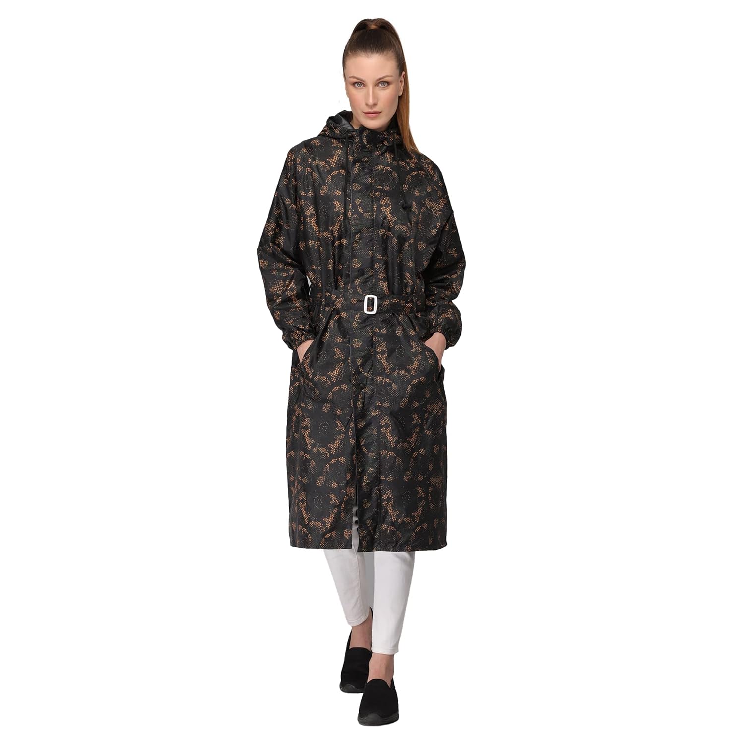 THE CLOWNFISH Women Poly Silk Waterproof Self Design Knee Length Longcoat/Raincoat With Adjustable Hood