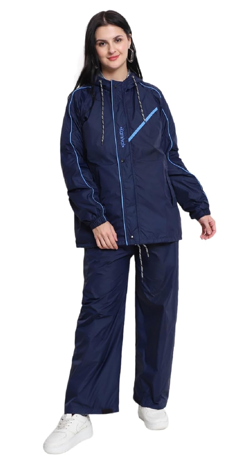 Zacharias Women's Waterproof Double Layer Raincoat/Rainsuit With Pant (kv-01_Navy.Blue)
