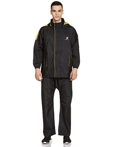 Amazon Brand - Symactive Polyester Waterproof Taping Standard Length Raincoat Jacket with Hood, Pant and Carry Bag (Unisex, Black, Large)