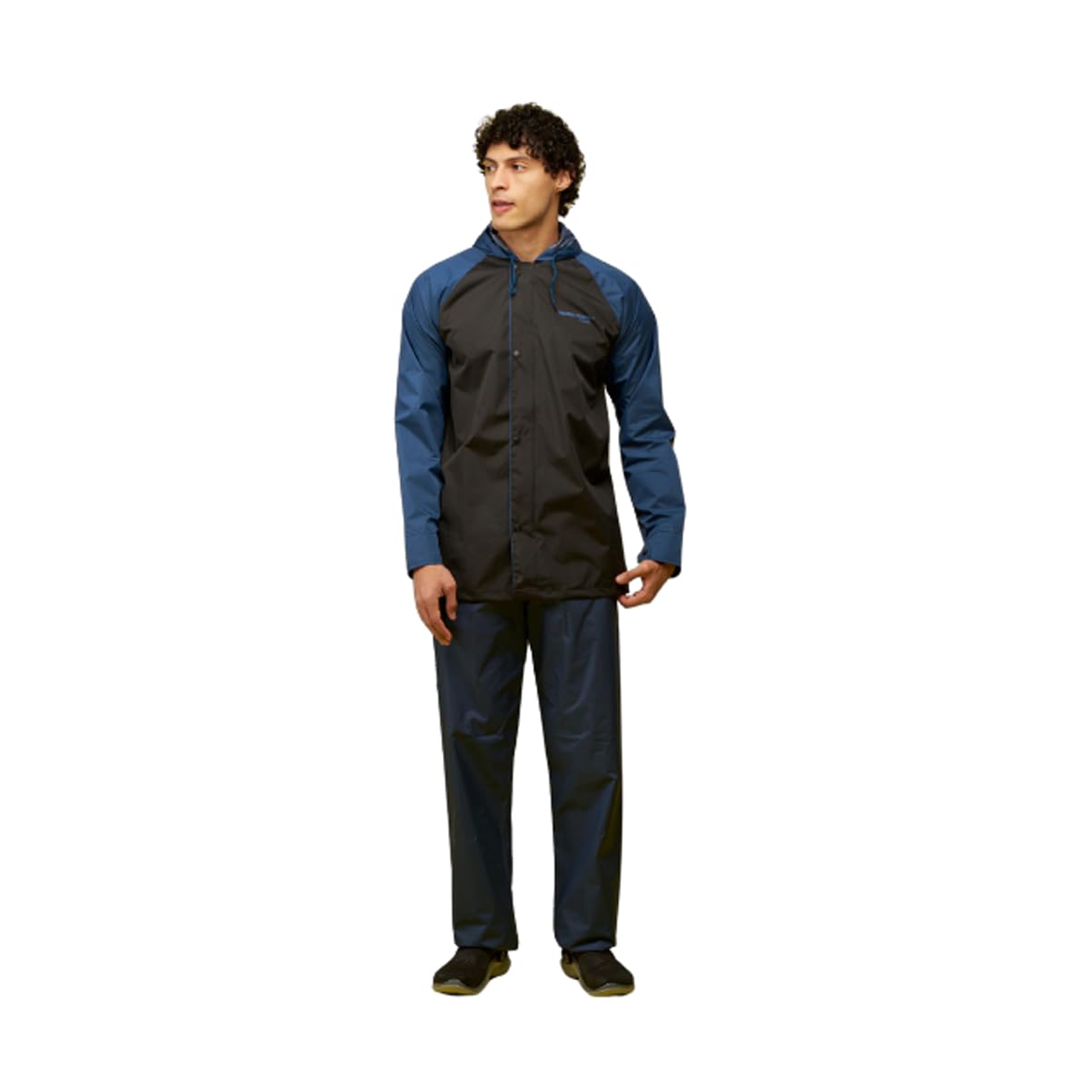 WATER FIGHTER by ZEEL Rain Coat for Men with Adjustable Hood, Polyester Waterproof Full Sleeves, Top and Bottom Set Rainwear, Front Zip with Snap Button Flap, Lightweight (EWF87, Black & Blue, XL)