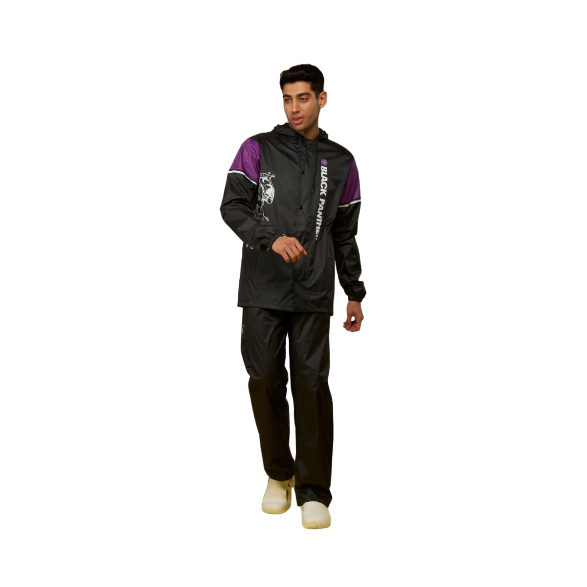 WATER FIGHTER by ZEEL Rain Coat for Men Waterproof for Bike Riders with Adjustable Hood along with Inner Pockets, Polyester Rainwear Suit, Pants and Waterproof Drawstring Bag (EWF94, Black-Purple, L)