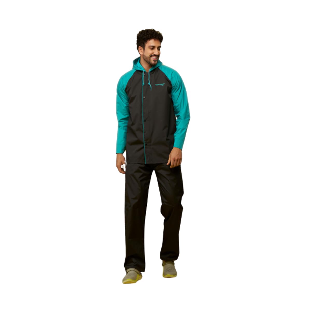 WATER FIGHTER by ZEEL Rain Coat for Men with Adjustable Hood, Polyester Waterproof Full Sleeves, Top and Bottom Set Rainwear, Front Zip with Snap Button Flap, Lightweight (EWF87, Black & Green, 3XL)