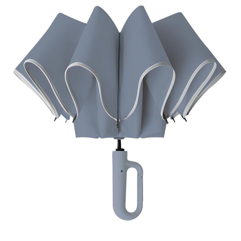 PRIME PICK Compact Travel Umbrella With Reflective Strip Carabiner Handle Windproof & UV Protection Anti-Slip Handle