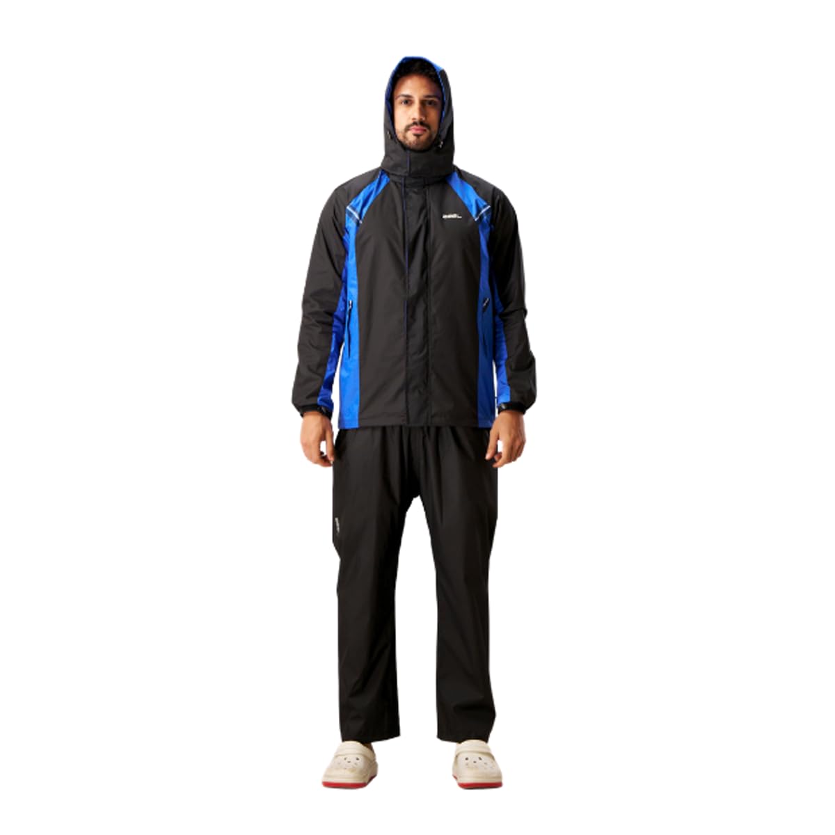 ZEEL Rain Coat for Men With Adjustable Hood, Inner Pockets, Waterproof Jacket, Pants and Drawstring Bag, AZ05 Black-Blue XXL