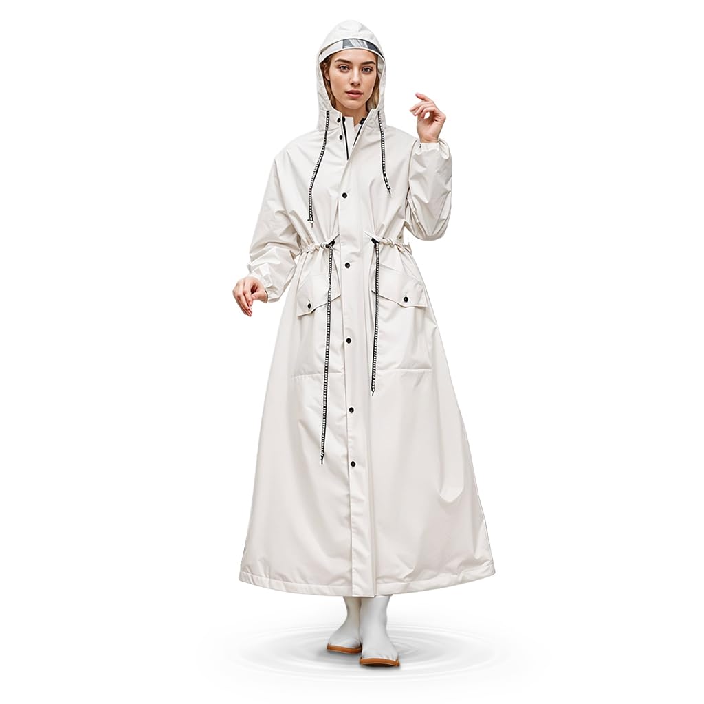 PALAY Raincoat for Women, Waterproof Long Rainwear, EVA Hooded Rain Coat for with Wide Brim Hood Detachable Clear Face Cover Zip & Buttons Riding Outdoor Windproof Raincoat
