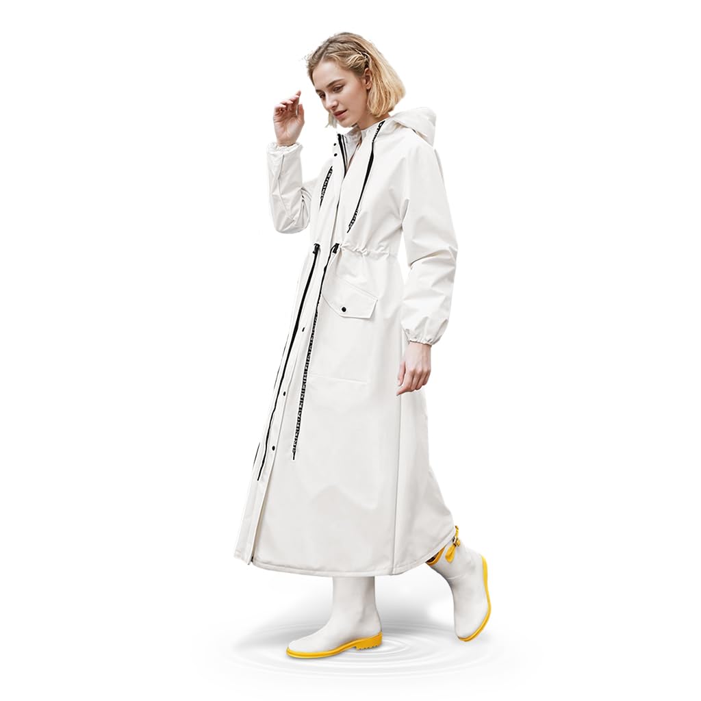 PALAY Women Rainwear,Women Long Waterproof Raincoat,EVA Hooded Rain Coat for with Wide Brim Hood Detachable Clear Face Cover Zip & Buttons Riding Outdoor Windproof Raincoats (Length 113CM)