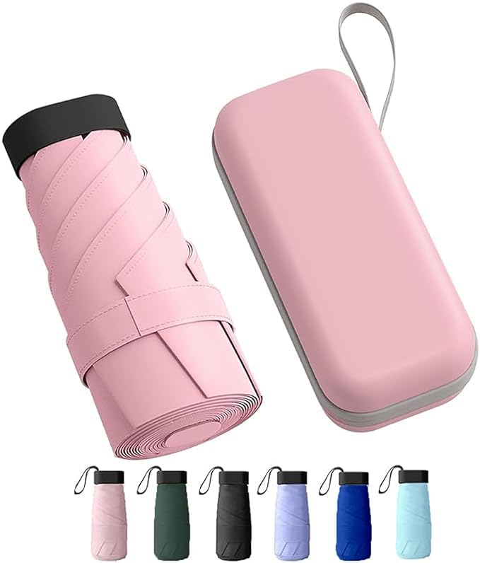TEKCOOL Travel Mini Folding Compact Umbrella with Case, Manual Open 6 Ribs Lightweight Portable, Small Sun & Rain Pocket Umbrella for Girls and Women- Use in Rain & Summer(Pink)