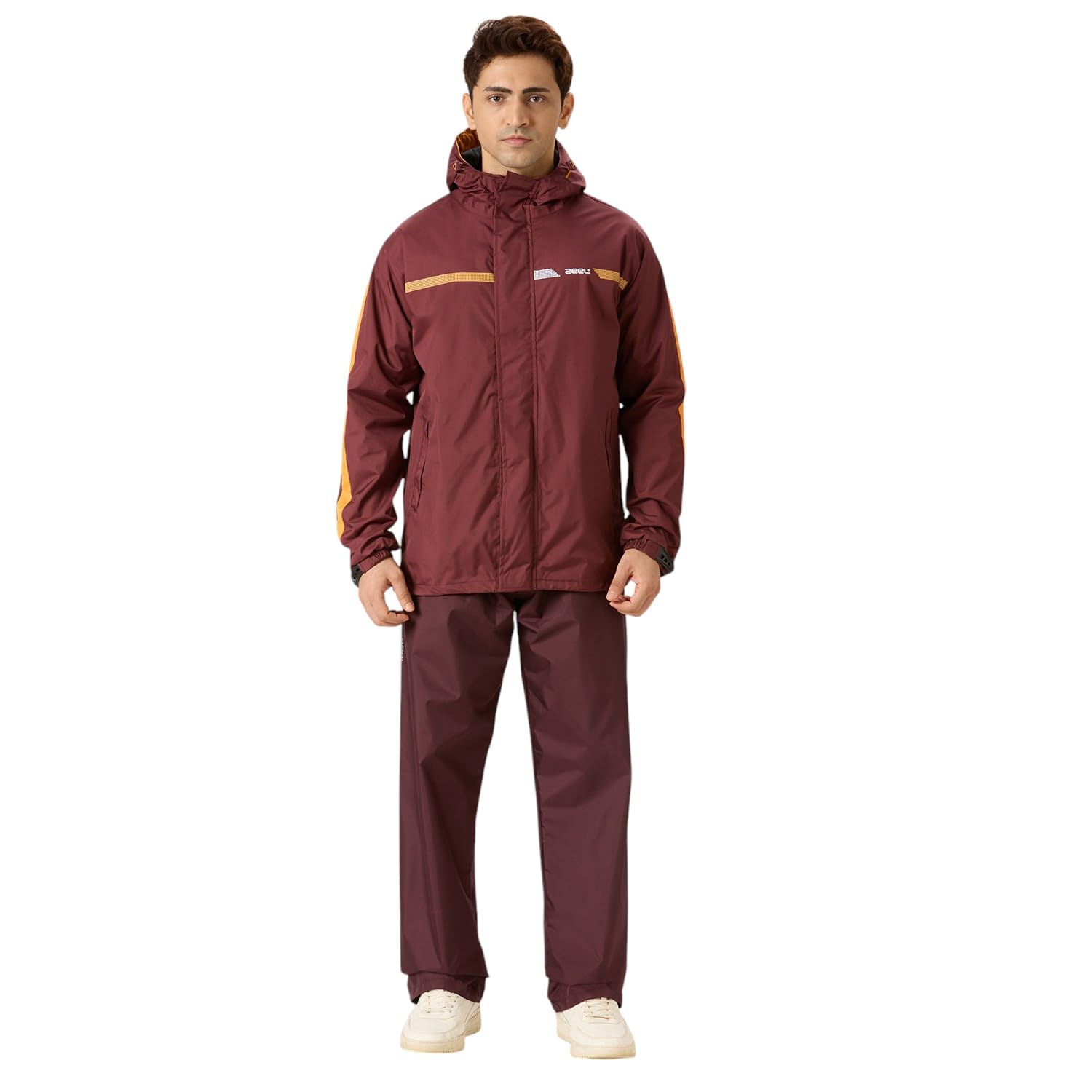 ZEEL Rain Coat for Men with Adjustable Hood, Polyester Waterproof Full Sleeves Raincoat, Top and Bottom Set Rainwear, Front Zip with Flap, Lightweight Raincoat (EJS702, Wine Mustard, L)
