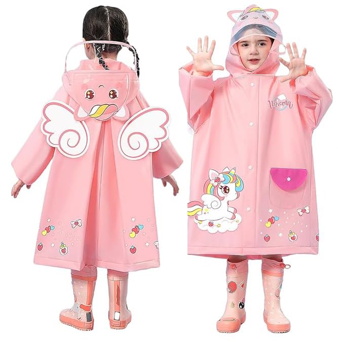 SNOWIE SOFT Kid's Nylon Standard Length Raincoat For Kids Wide Brim Hooded Raincoat With Storage Bag Cartoon Unicorn Print For Kids 3-4 Years Old,S