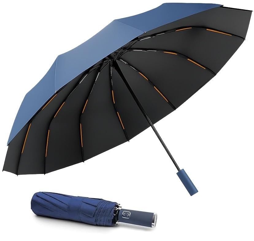 FLYNGO 12 Strong Ribs Reinforced Windproof Umbrella for Rain Big Size, 3-Fold Auto Open/Close Travel Umbrella for Sun Protection