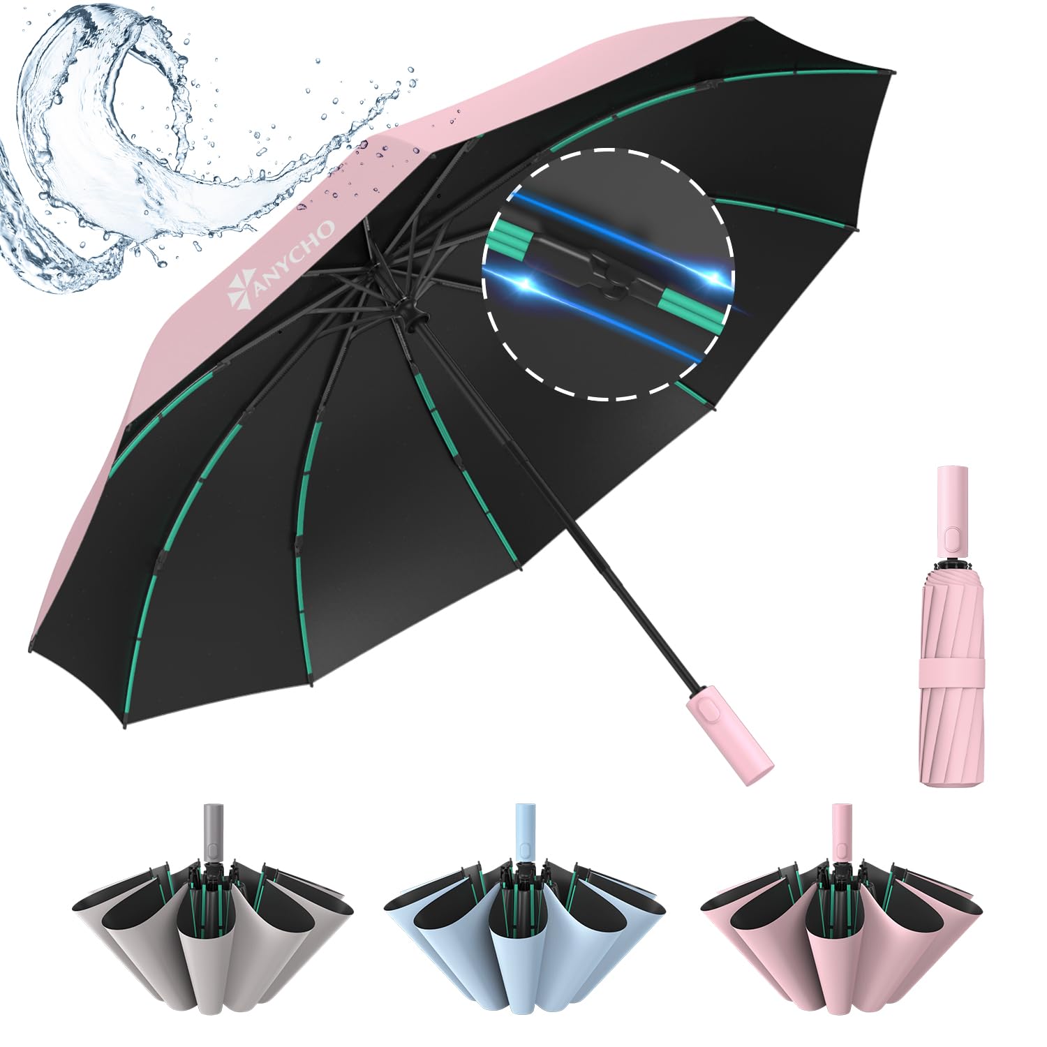 ANYCHO Umbrella 3 Fold - Automatic Umbrella for Women and Men -Folding Umbrella with 50 Sturdy Ribs - UV Protect 3 Fold Umbrella for Women
