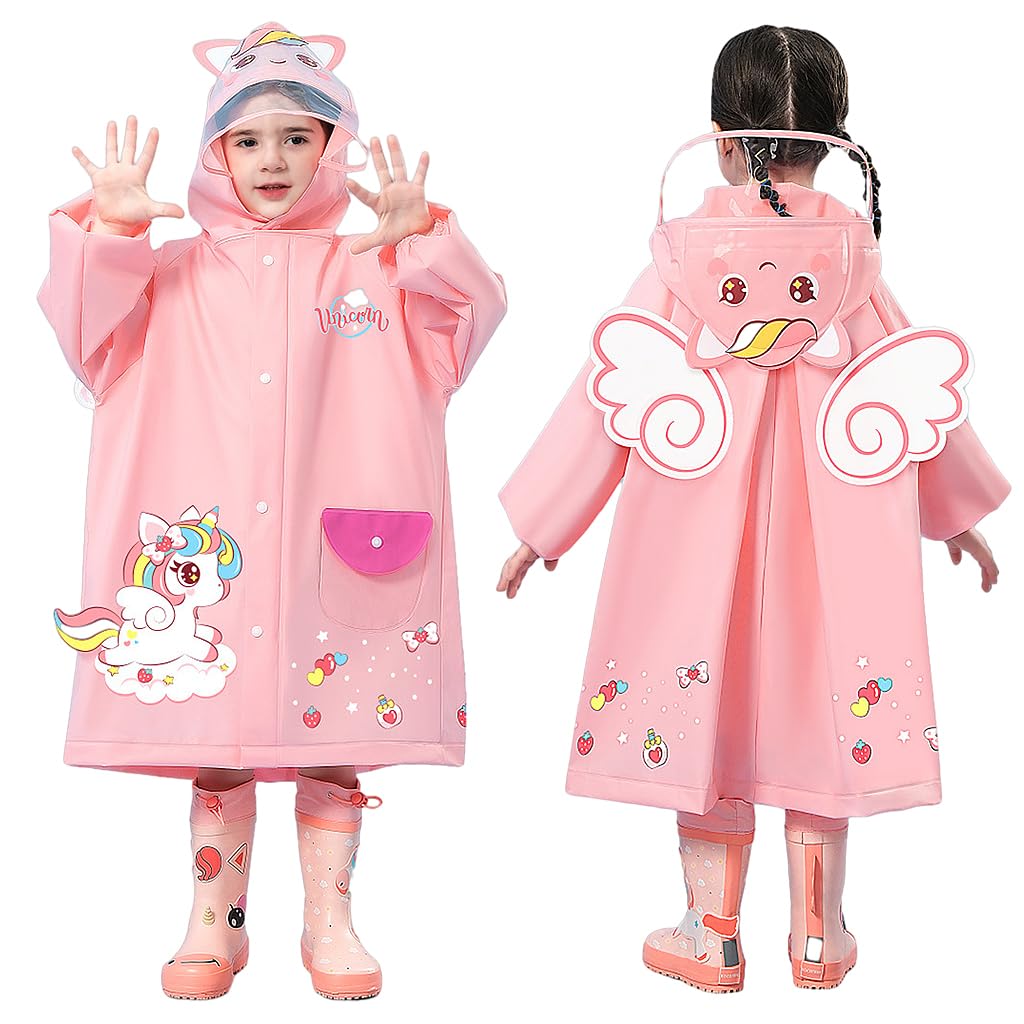 SNOWIE SOFT Hooded Raincoat for Kids Wide Brim Raincoat for Kids 3-8 Years EVA Student Kids Rain Coat for Girls with School Bag Rain Cover Unicorn Print Recommended Height 80-125CM