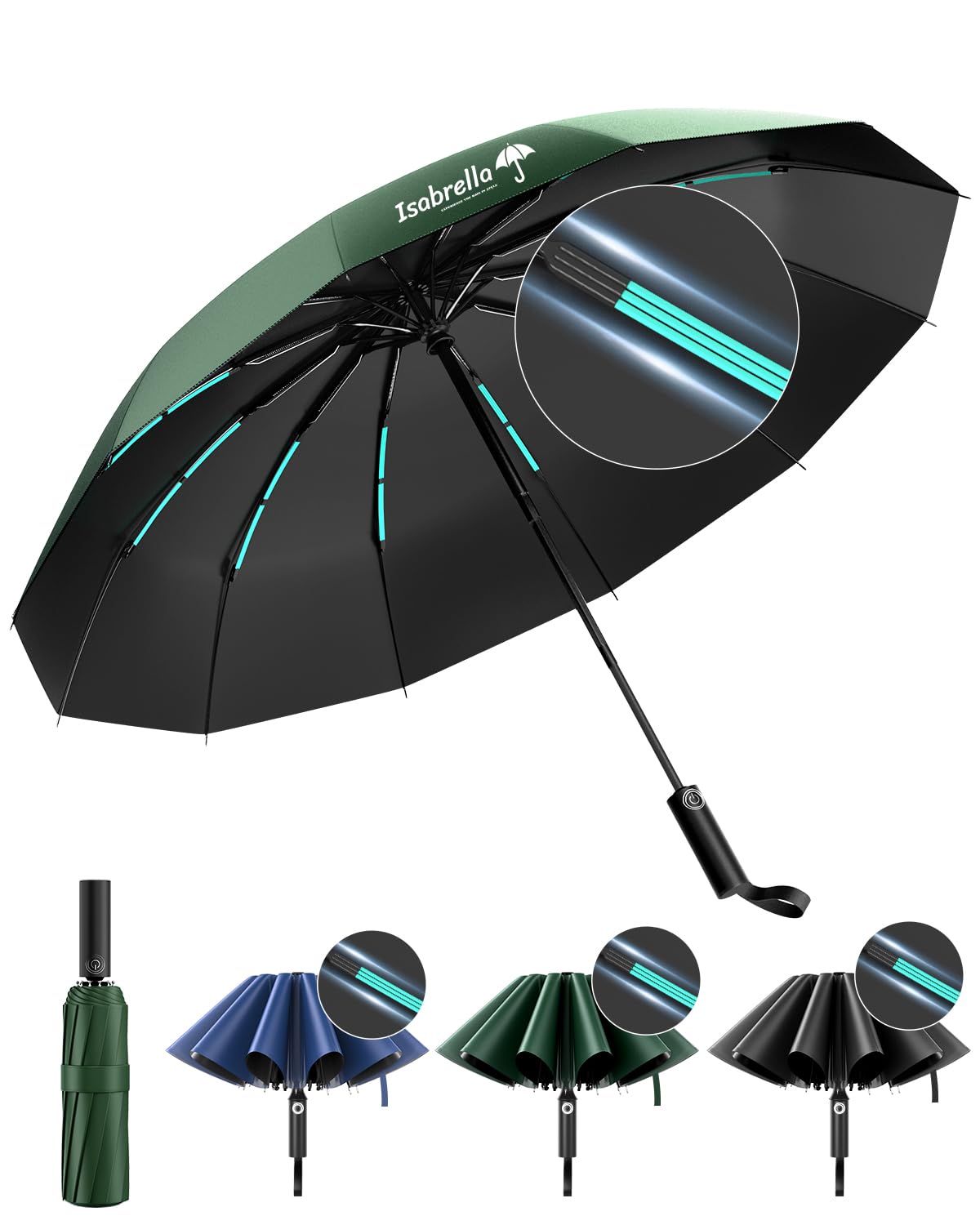 ISABRELLA Big Umbrella for Women  10-Rib Folding Umbrella with UV Protection, Black Coating, Wind & Rain Resistant, Safe Close Design, Durable, Lightweight, and Compact for Travel