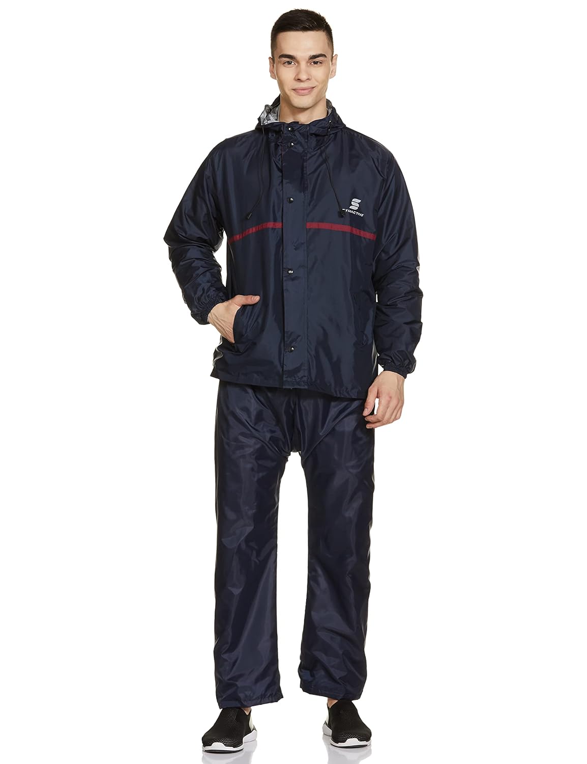 Amazon Brand - Symactive Polyester Men Casual Style Premium Reversible Raincoat with Waterproof Pant, Adjustable Hood & Carry Bag (Unisex, Blue, Large)