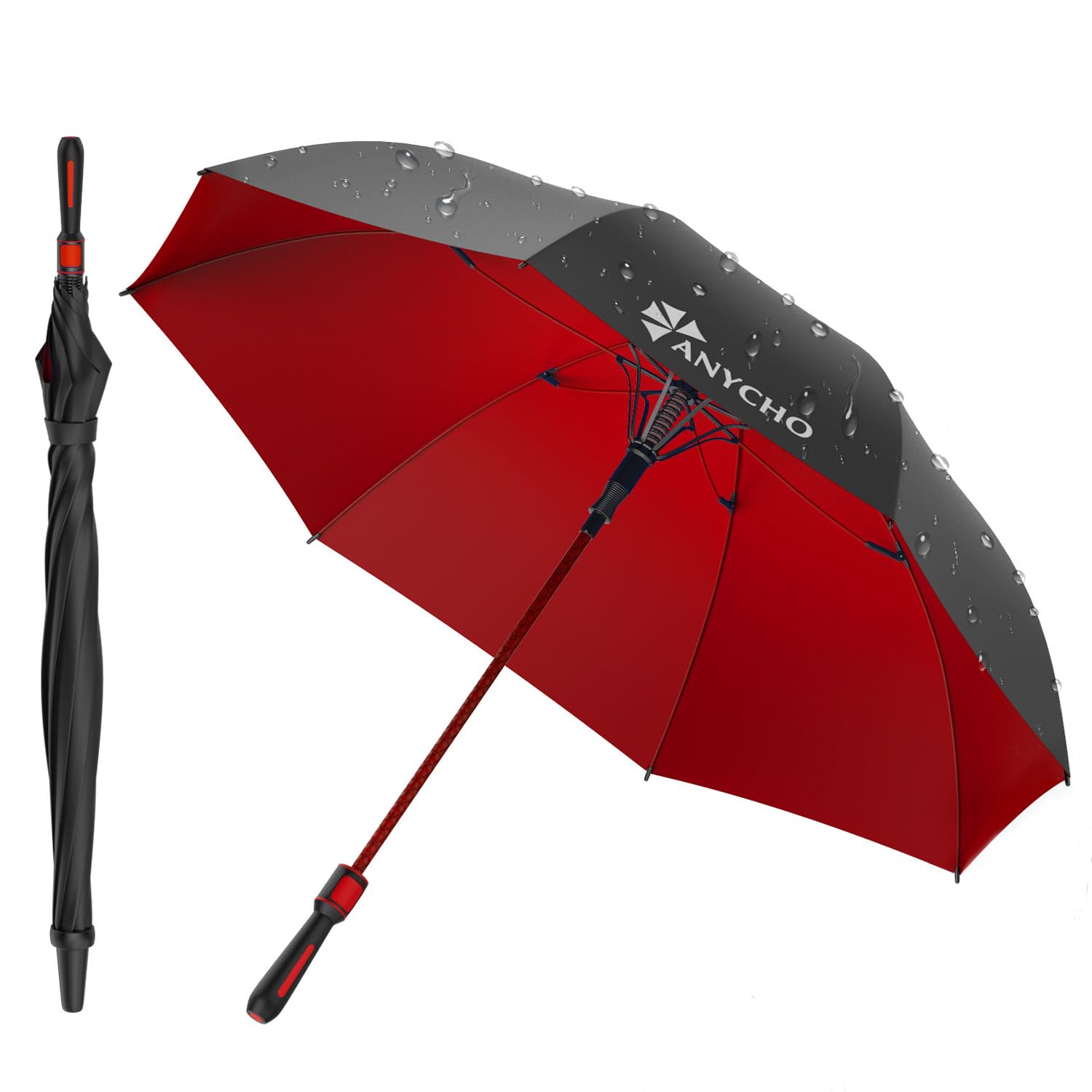 AHYCHO 54 Inch Umbrella for Men Big Size with Fiberglass Shaft, One-Click Auto Open Big Umbrella for Rainy Days & UV Protection - Ideal for 2-3 People (Red)