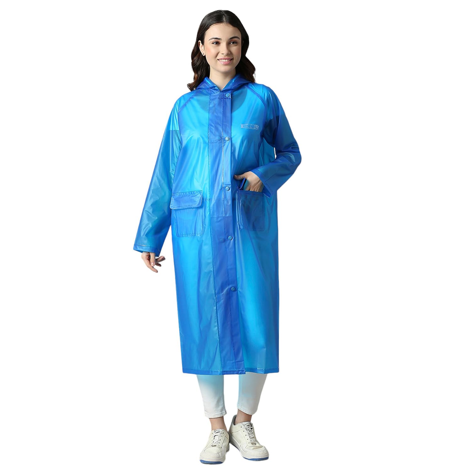 ZEEL Rain Coat for Women Waterproof Polyester Rainwear with Adjustable Drawstring and Pocket, Lightweight Hooded Long Rain Coat Jacket for Ladies, AZ08 Blue L
