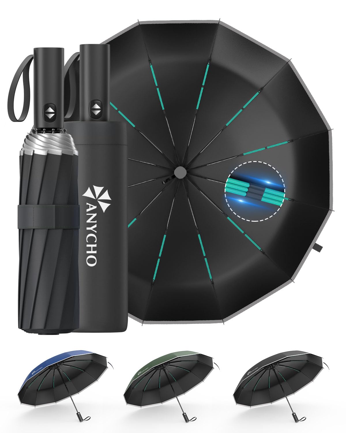 ANYCHO Windproof Automatic Folding Umbrella for Men & Women, UV Protection, Travel-Friendly with 36 Sturdy Ribs