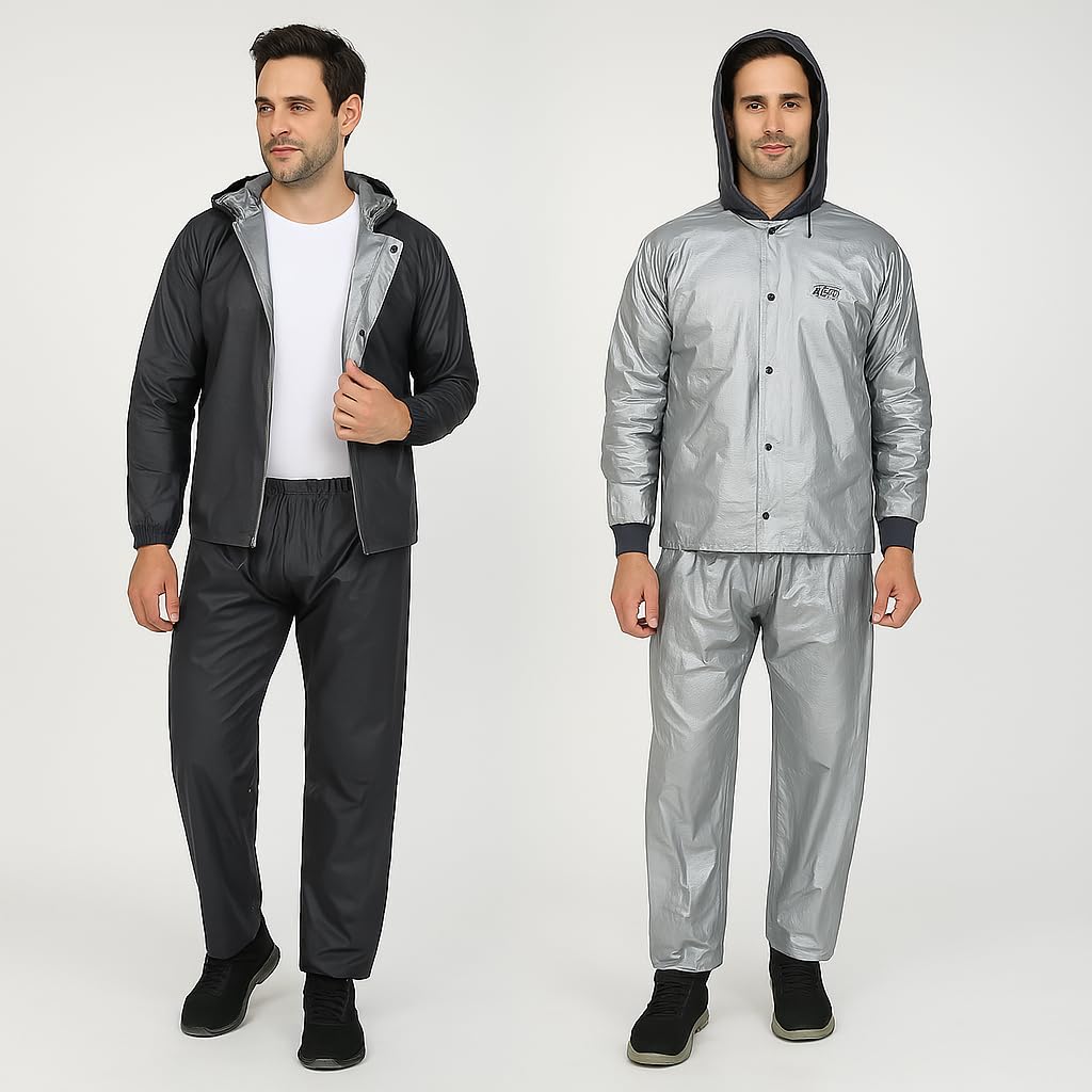 Mahira Rain Coat for Men Waterproof with Adjustable Hood & Inner Pocket Waterproof Rainwear Suit with Polyester Jacket Pant & Drawstring Rain Coat for Men Women Top and Bottom Set  Unisex, Black, XL