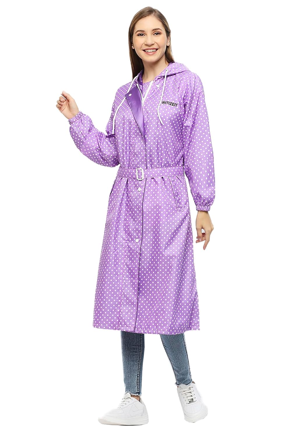 Citizen Polyester Reversible Casual Style Raincoat For Women With Inbuilt Hood,Waist Belt & Matching Carry Pouch|Stylish Polka Dot Design|Durable & Lightweight Rainsuit With High Tearing Strength