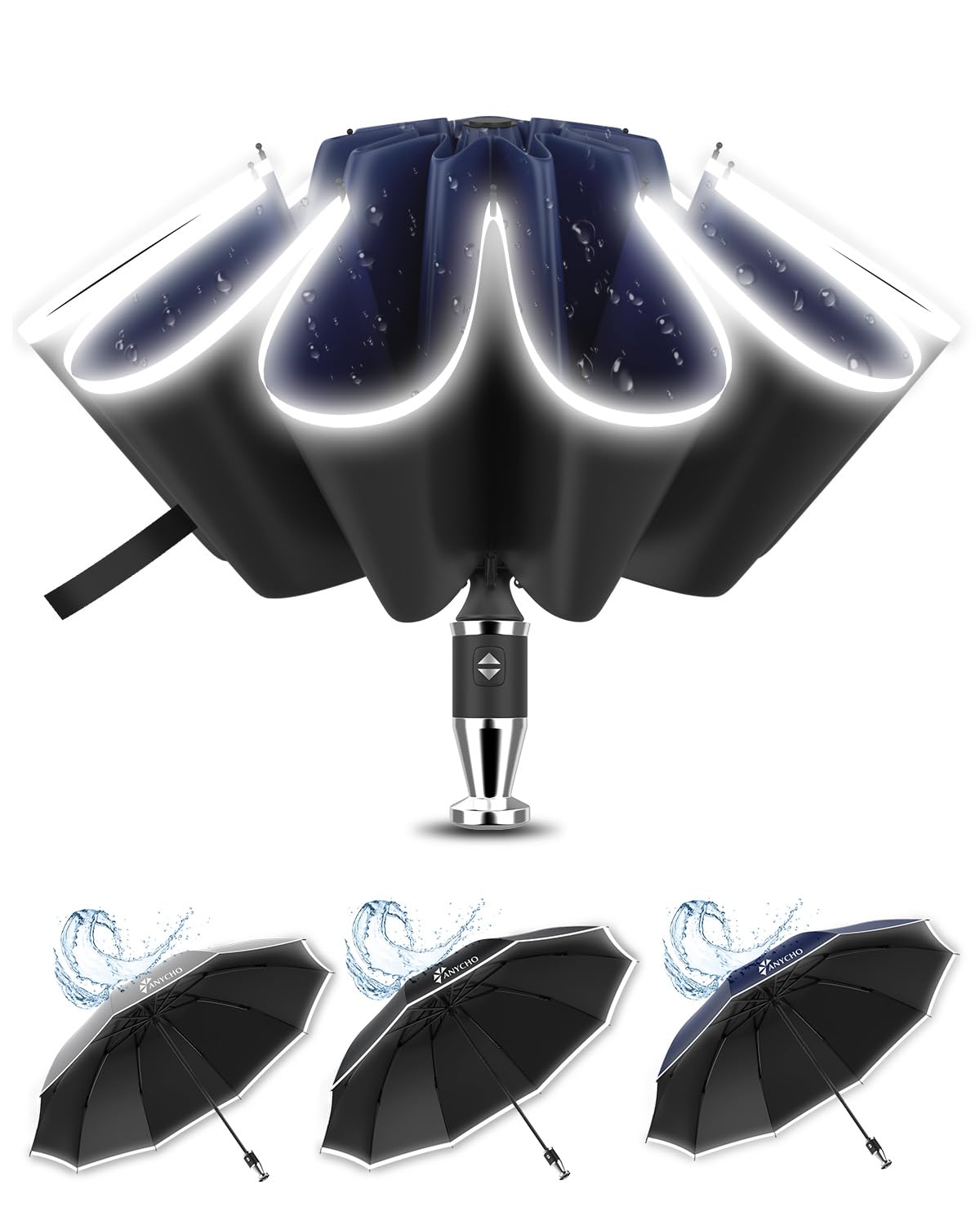 ANYCHO Inverted Umbrella for Men, 3 Fold Umbrella for Travel with Reflective Stripe 10 Ribs, 45 Inch Windproof & UV Protection Small Folding Umbrella with Auto Open and Close, Portable Car umbrella for Women