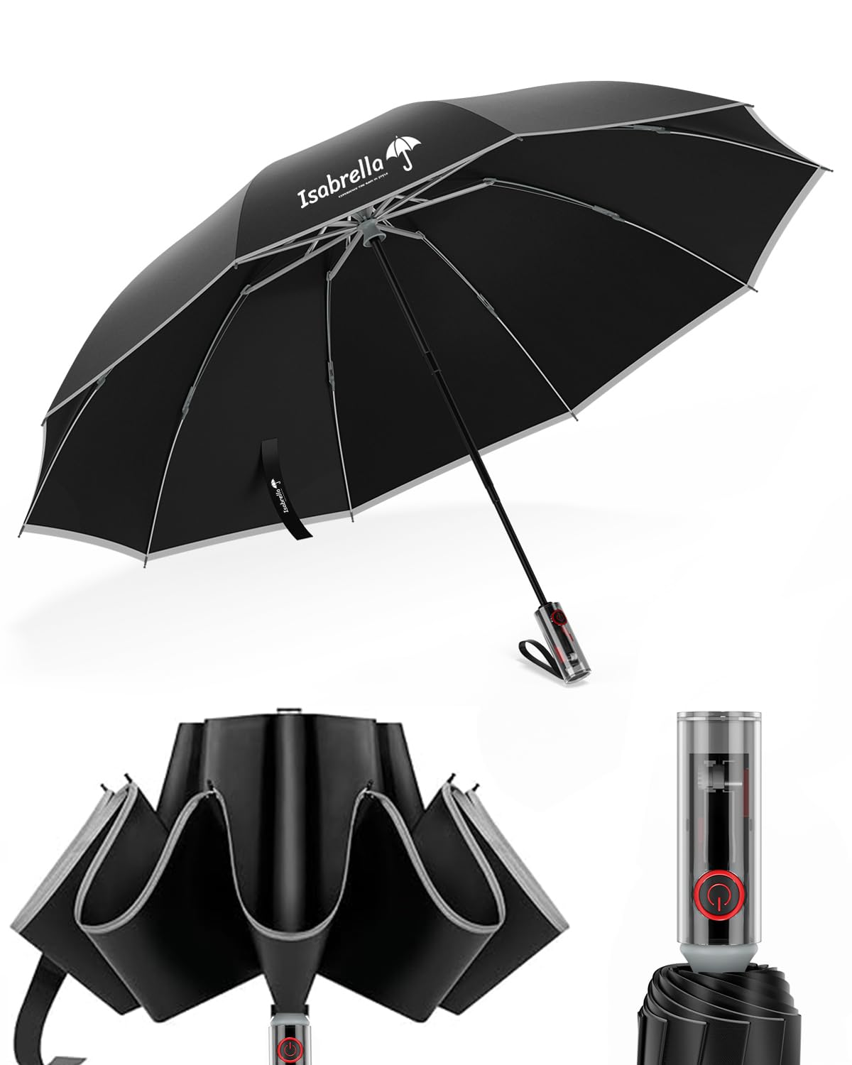 ISABRELLA Umbrella for Men - Reverse Umbrella with Automatic One-Touch Open - Umbrella 3 fold with 360 Reflective Strip - Folding Umbrella Suitable for Rainy Days