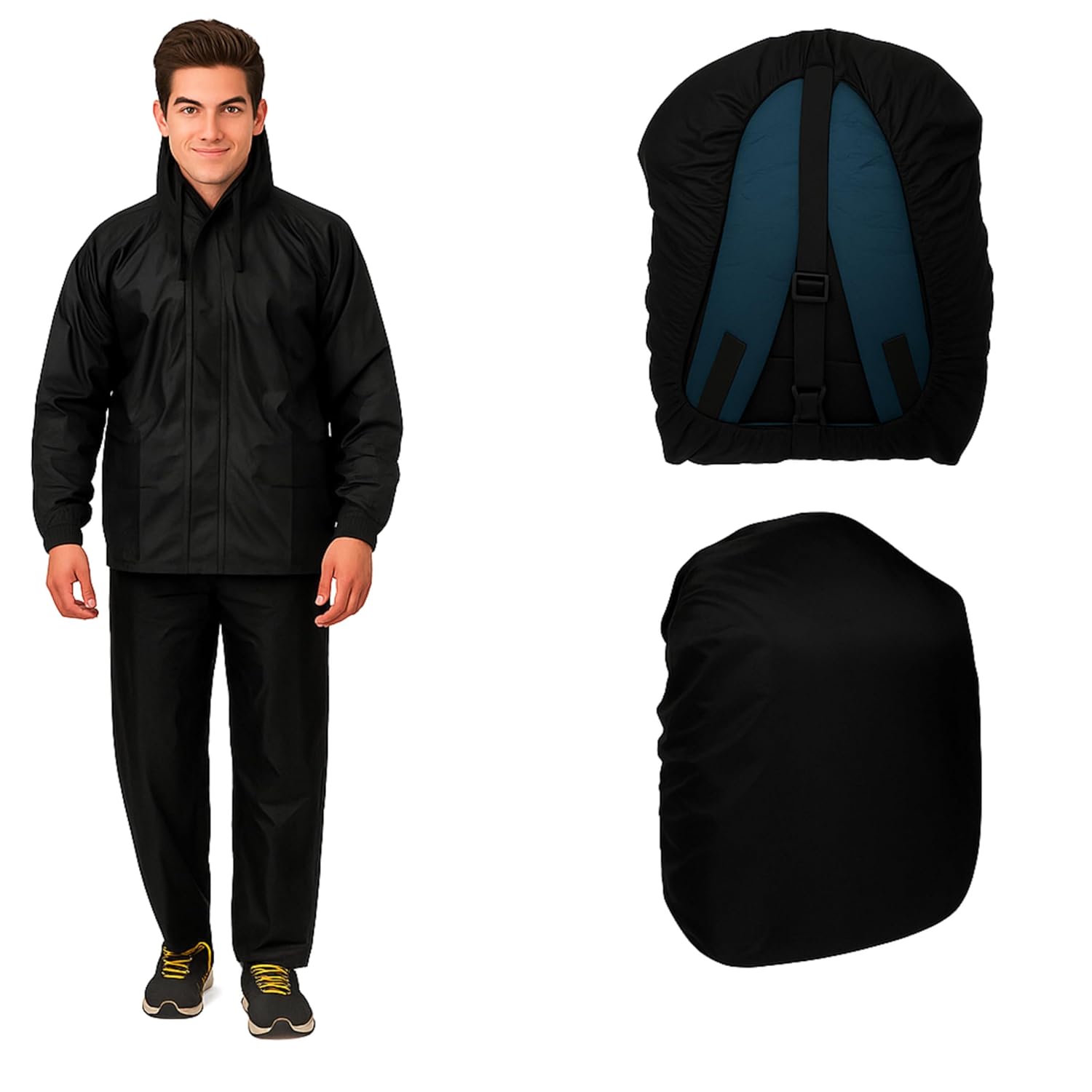 UNOX Rain Coat for Men waterproof with bagpack cover, XL Size Waterproof Raincoat Black with Pant Set suitable for Men, Women, Boys & Girls Adjustable Top and Bottom Rain Coat