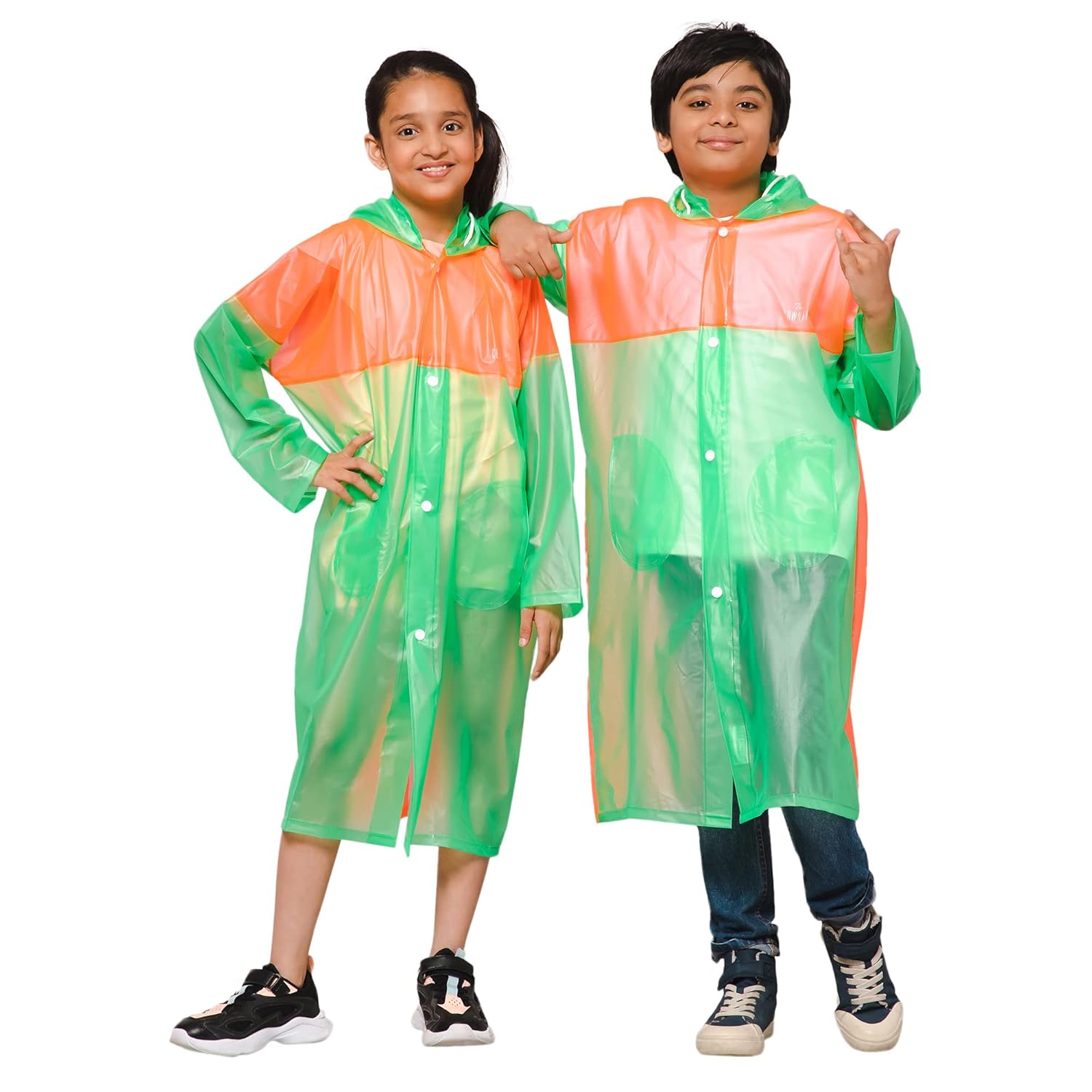 THE CLOWNFISH Polyester Puddle Jumper Series Unisex Kids Waterproof Single Layer Pvc Standard Length Longcoat/Raincoat With Adjustable Hood.