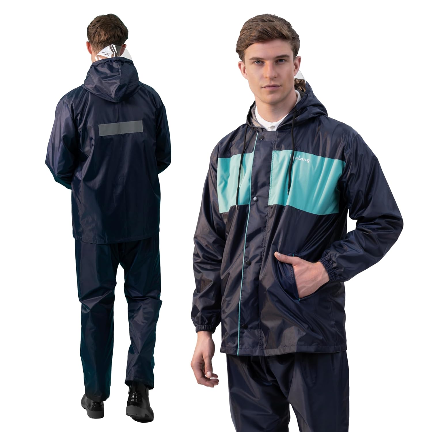Lifelong Men's Raincoat Set | Waterproof Polyester Double-Coated Reversible Rain Suit | Hooded Jacket with Inner Mobile Pocket & Pants | Standard Length for Hiking,Camping XL Navy Blue with Aqua Green