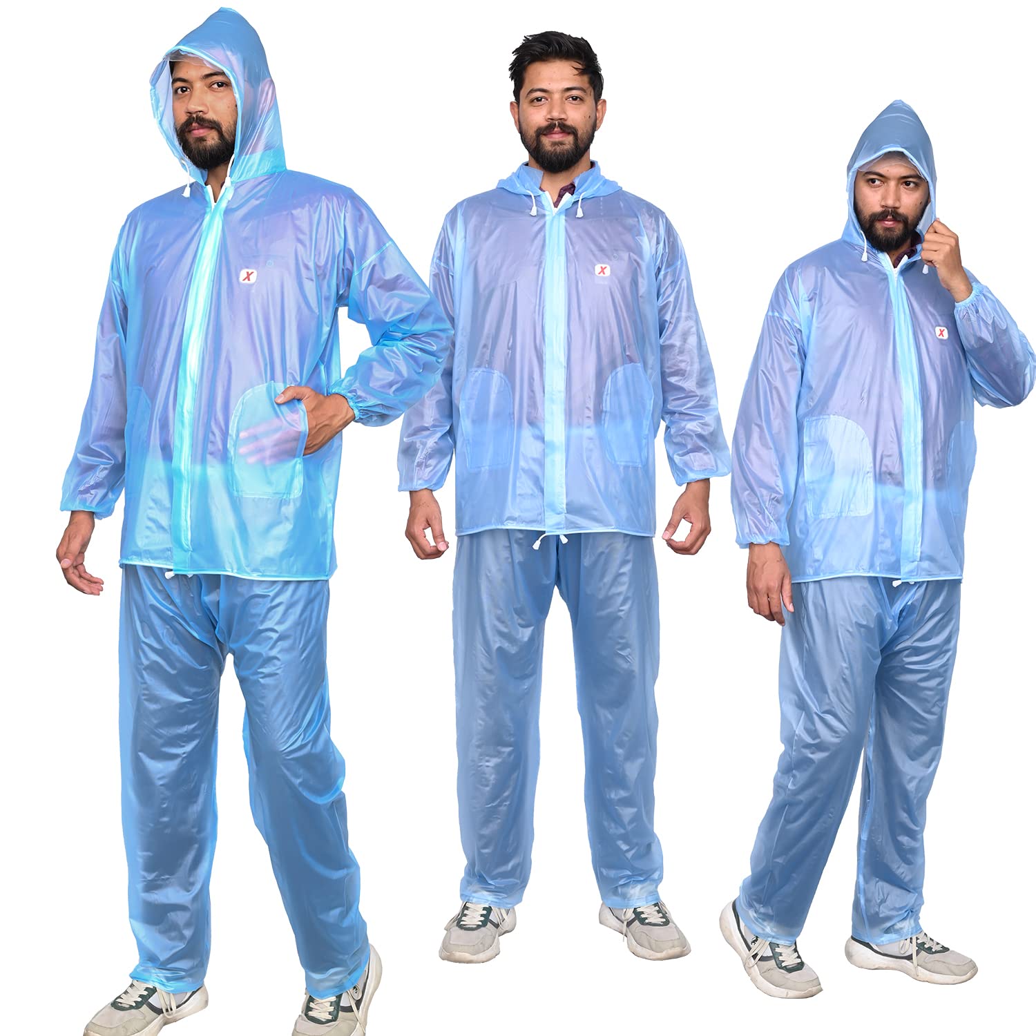 Allextreme Kinder Men & Women Raincoat with Adjustable Hood, Water Resistant Reusable Rainwear, Drawstring Hem Set of Top & Bottom with Carrying Pouch (XXL, Blue)