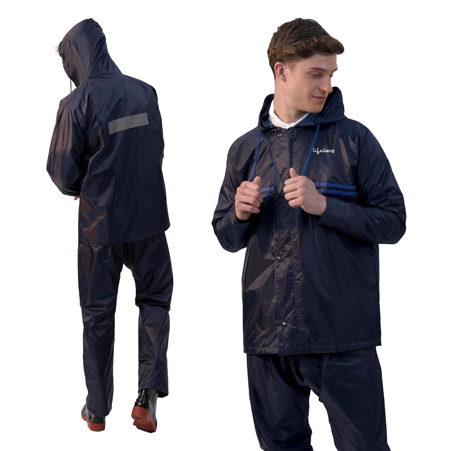 Lifelong Campaign Men's Polyester Waterproof Standard Length Raincoat Double Coating Reversible Rain Suit with Hood & Inner Mobile Pocket, Set of Top and Bottom.Size-XXL